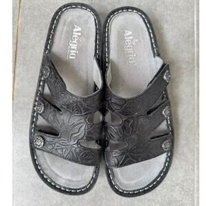 Alegria Slides Sandals Black Embossed Leather Size 40 Adjustable Straps